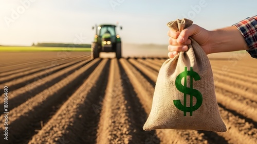 Farmer holding a burlap money bag with a dollar sign. Agricultural profit and farming investment. Person showing wealth in a tilled field with a tractor in the distance