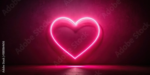 Neon pink heart with a glowing aura on a deep red wall background, illuminated by soft white light , heart, love symbol