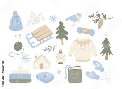 Modern hygge winter lifestyle set with cozy seasonal elements elements of nature and clothes