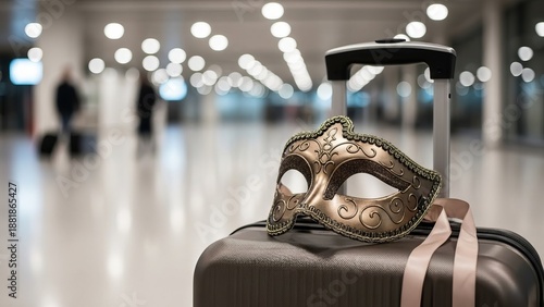 Venetian mask resting on suitcase in bright modern airport