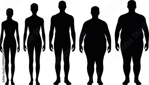 Male Body Shape Silhouette Collection Showing Slim to Heavy Types, Human Figure Icons for Health, Lifestyle Comparison and Infographic Design