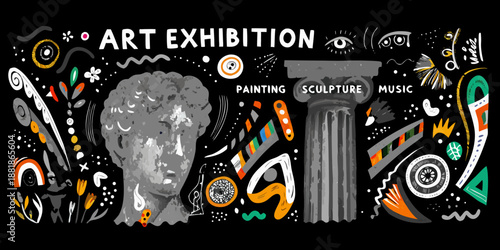 An art exhibition poster featuring a bust columns and colorful abstract designs