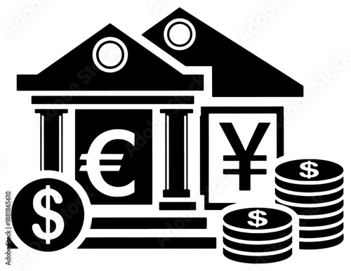 Bank building with currency symbols