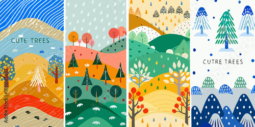 Four seasonal landscape illustrations featuring trees hills and atmospheric weather