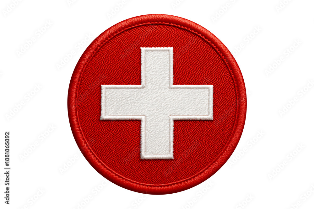 Fototapeta premium Embroidered swiss flag circular patch isolated on transparent background