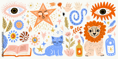 Whimsical illustration featuring eyes stars a lion cat and floral elements