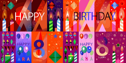Colorful birthday celebration collage with candles balloons and festive decorations