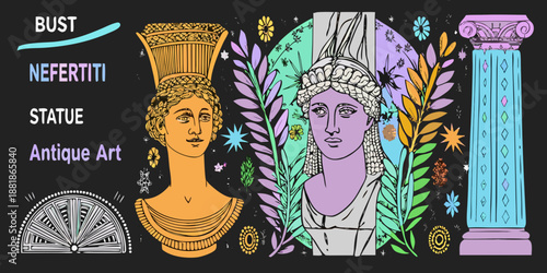 Nefertiti and classical bust illustrations with floral decorations antique art style