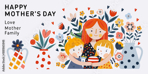 Happy mother s day illustration featuring a mother and her two children