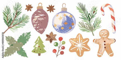 Festive watercolor illustrations of christmas ornaments gingerbread and evergreen branches