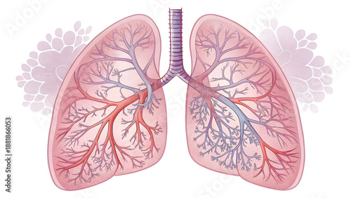 Anatomical illustration of human lungs with trachea and bronchi