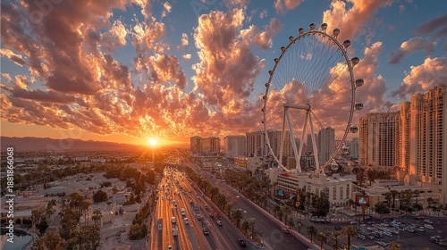 Stunning Sunset Over Las Vegas Strip with High Roller Ferris Wheel and Cityscape.