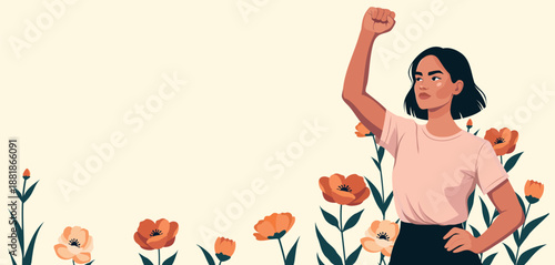 A confident woman raises her fist in an expressive gesture, standing among blooming flowers. Vector horizontal banner with space for text. Empowerment, freedom, gender equality, Women's Day, March 8th