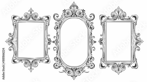 Hand-drawn ornate frames. Elegant vintage black and white outline picture borders featuring intricate scrolls, flourishes, and floral motifs