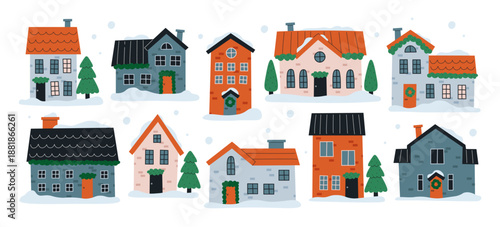 Cozy winter village houses covered in thick layers of soft white snow decorated with festive wreaths