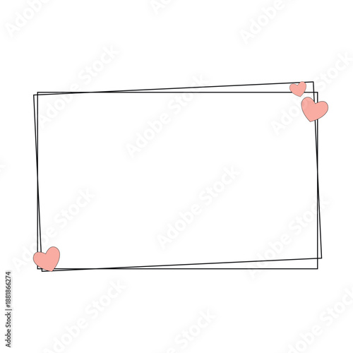 A minimalist frame, a double rectangular outline with slightly offset black lines, decorated with soft pink hearts in the corners.