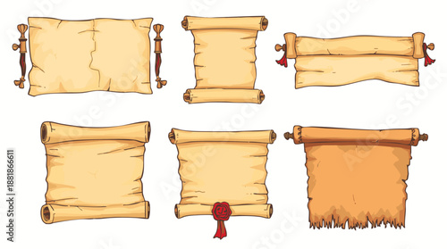 A versatile collection of six vintage parchment scrolls and aged paper banners, perfect for antique document displays and decorative retro design elements