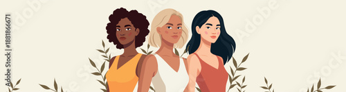 Vector horizontal banner of women of different cultures, nationalities standing side by side. Unity, diversity and empowerment of women. A place for text on postcards for Women's Day, March 8th