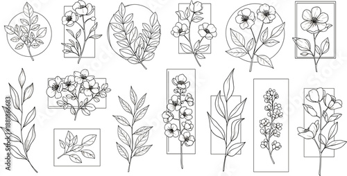 Black and white botanical icons featuring floral branches and leafy stems enclosed in geometric frames for modern design use