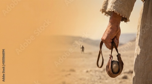 Man holding a slingshot with stone, facing a distant figure in a desert landscape. Biblical story of David and Goliath.
