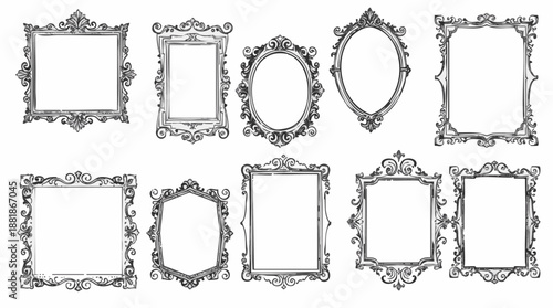 Elegant hand-drawn ornate picture frames collection, featuring vintage black and white outline designs in diverse classic and decorative shapes