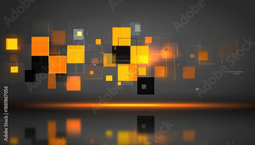 Abstract digital art with glowing orange and yellow squares over a gray background
