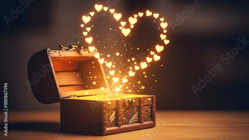 Treasure chest overflowing with sparkling heart shaped lights