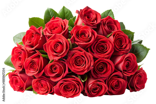 Bouquet of red roses with green leaves on black background