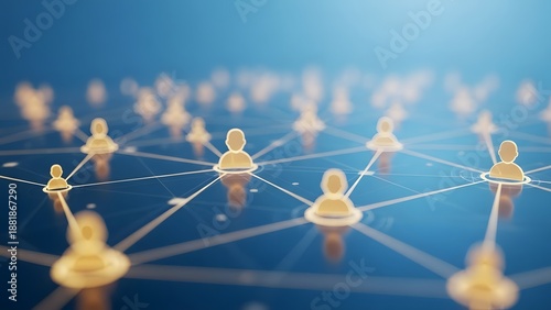Global network connection showing golden human icons linked by lines. Social media and team communication. User interface displaying a vast interconnected community of people