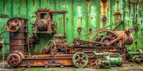Abandoned machinery scattered on a scraped green background with rust and dirt , rust, rustiness