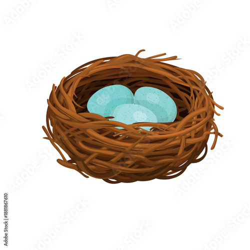 A nest with blue eggs on a white background. Hand-drawn vector illustration.