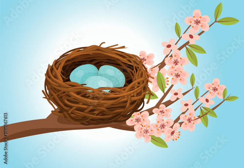 Nest on a branch. A nest with blue eggs on a blossoming cherry blossom branch. Hand-drawn vector illustration.
