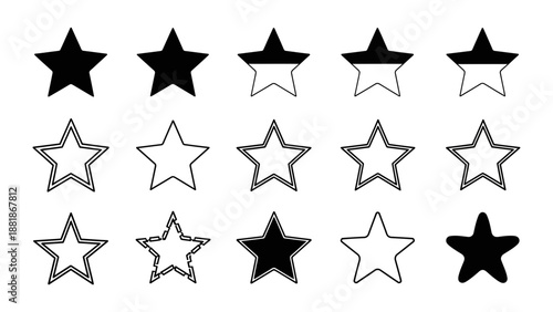 A collection of star illustrations in various styles and fill patterns displayed in a grid arrangement with white space