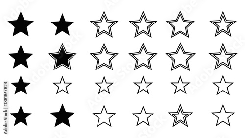 Collection of various star illustrations in different styles and shading displayed on a clean background from a straightforward viewpoint