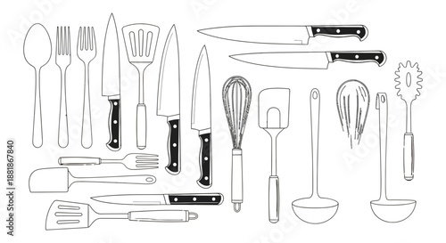 A collection of kitchen utensils and cutlery displayed neatly from a straightforward front view in a clean white environment Whisk