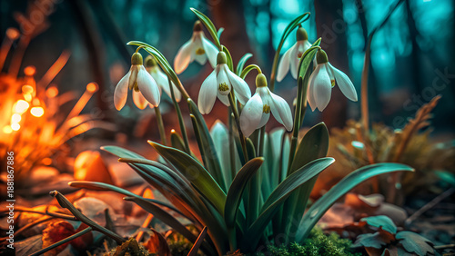 A cluster of snowdrops blooms in a forest with warm sunlight filtering through