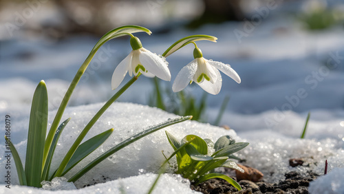 A close-up of snowdrops growing through the melting snow in early spring