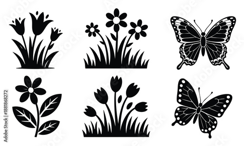 Easter silhouette set bundle with blooming flowers and butterflies