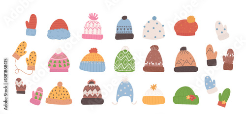 Hand drawn winter hat and mittens seasonal cold weather clothing accessories isolated set on white