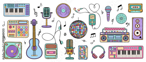 Doodle retro music elements set. Keyboard, cassette, disco ball, record, drum and headphones hand drawn vector clipart collection.