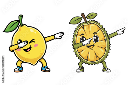 A cute cartoon featuring a Jackfruit and a Lemon striking a dabbing pose.