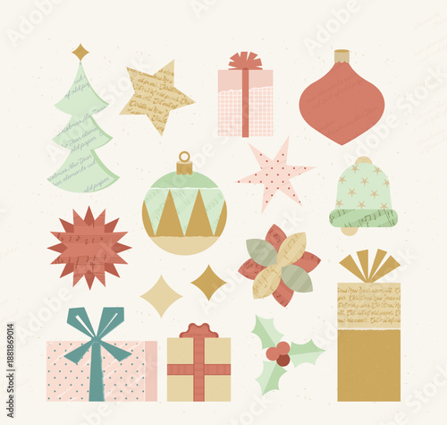 Christmas and New Year elements hand-cut from of colorful aged parchment paper isolated set