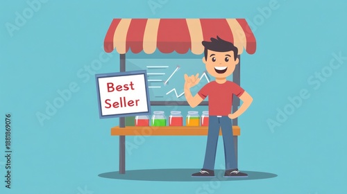 Happy salesman at his stall, showcasing best-selling jars.