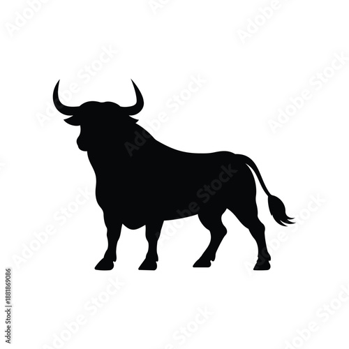 Powerful Black Bull Silhouette Vector Full-Body Profile on White Background
