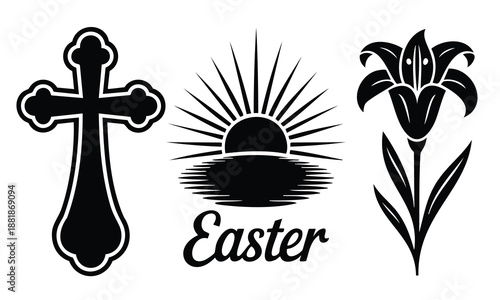 Religious easter silhouette set bundle with cross sunrise and lily