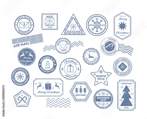 Festive Christmas postage stamp grunge collection for seasonal mail, gift tags and scrapbooking