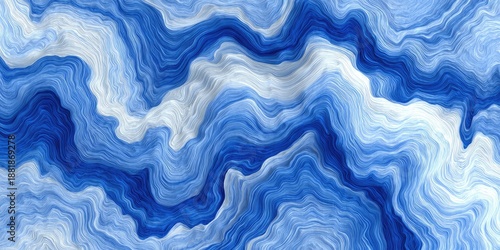 A flowing abstract art piece featuring waves of blue and white, reminiscent of swirling water