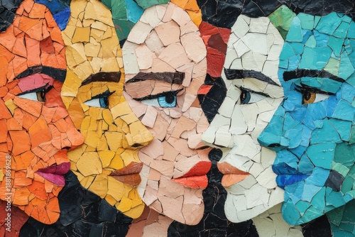 A vibrant mosaic artwork showcases colorful faces, highlighting diversity and human connection through expressive features and intricate tile work.