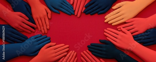 A vibrant arrangement of gloved hands in red and blue forms a heart shape against a red background, symbolizing unity and collaboration.