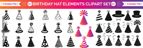 Set of birthday party design elements. Holiday hats, gifts, flags, glasses, confetti, cocktails, balloons and a tape recorder. Birthday party in retro style.